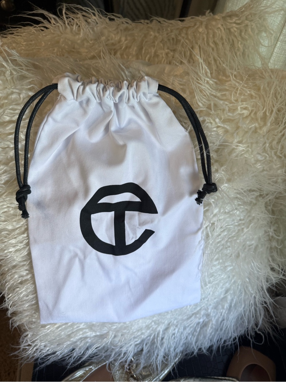 Telfar White Drawstring Cosmetic Pouch with Black Logo and Black Cord